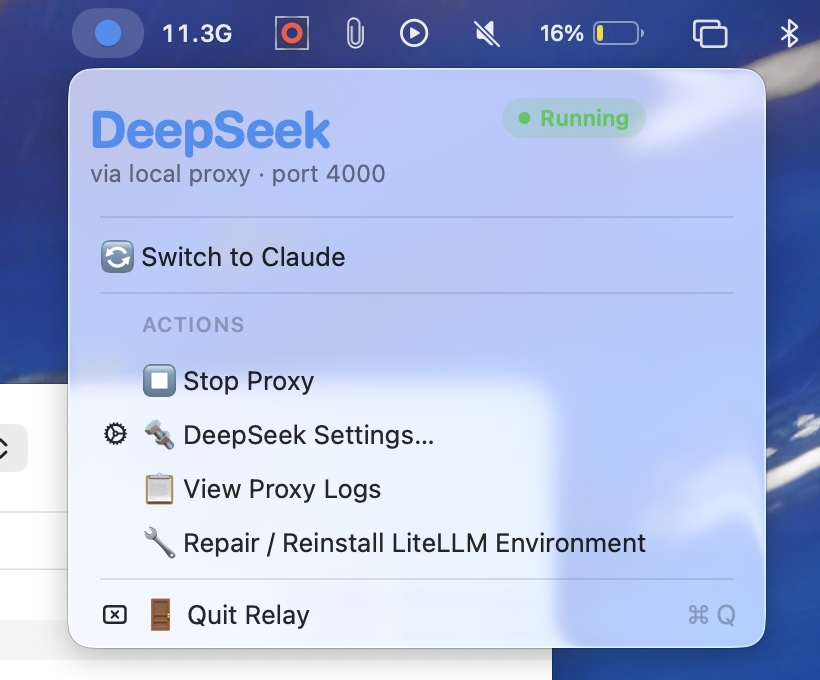 Relay menu dropdown showing the routing toggle, proxy controls, and DeepSeek settings